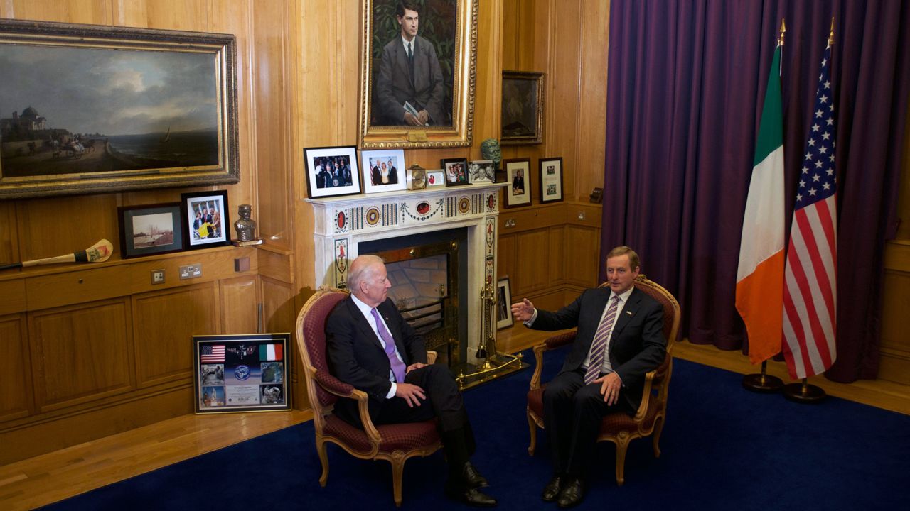In this June 2016 photo, then-Vice President Joe Biden and Irish Prime Minister Enda Kenny talk during a welcome ceremony at the Government Buildings in Dublin, Ireland.