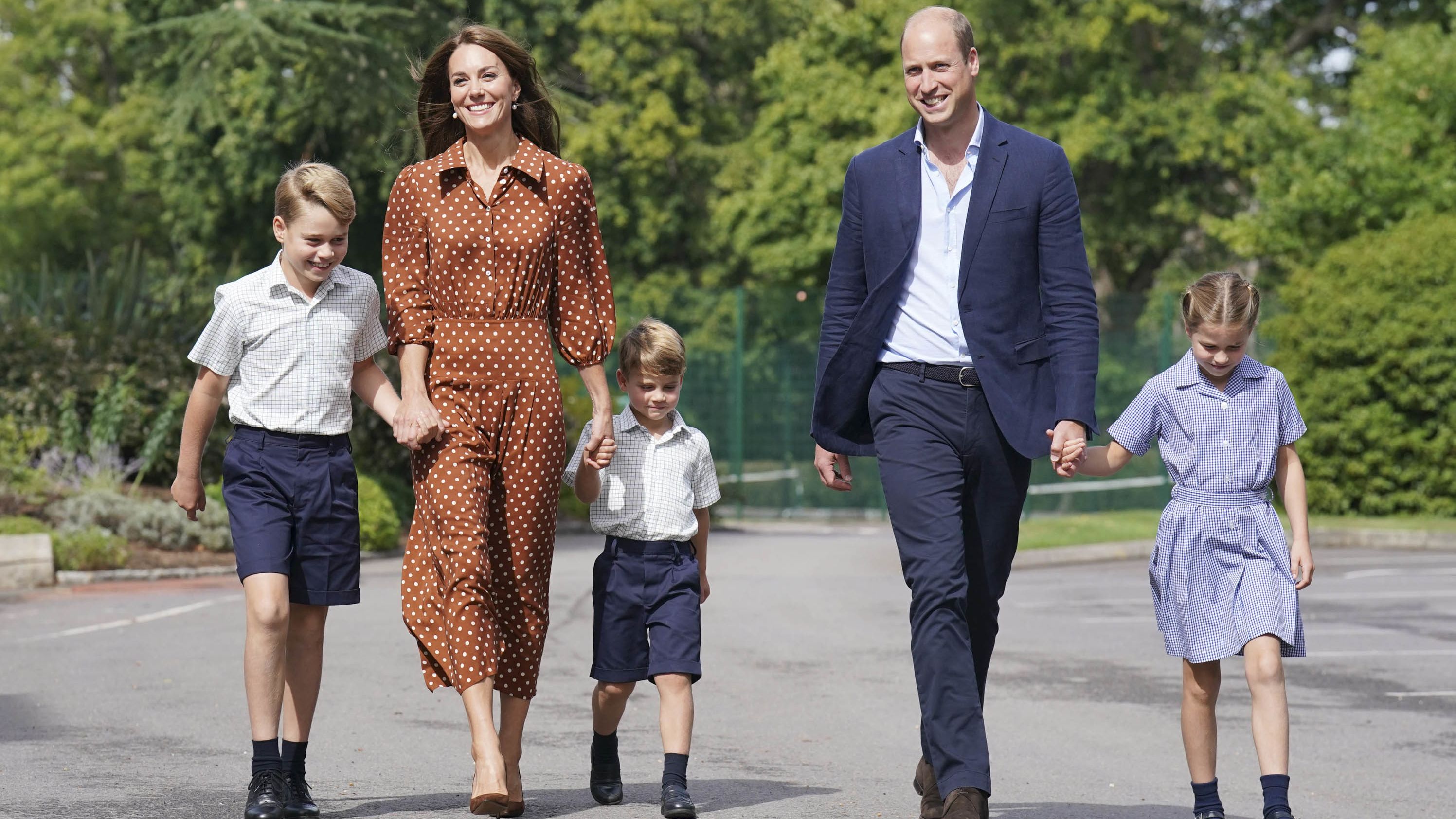 William and Catherine arrive with George, Louis and Charlotte at a school in Bracknell, England, in September 2022.