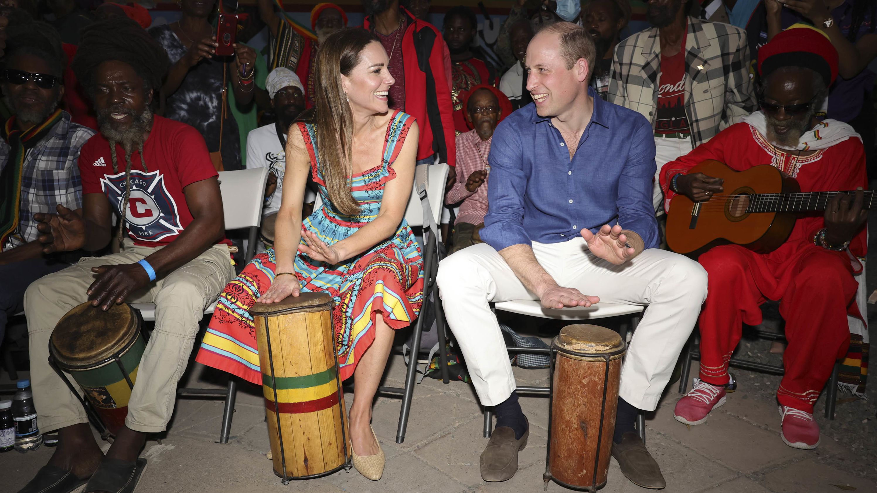 William and Catherine play drums while visiting the Trench Town Culture Yard Museum in Kingston, Jamaica, in March 2022. They were on a royal tour of the Caribbean.