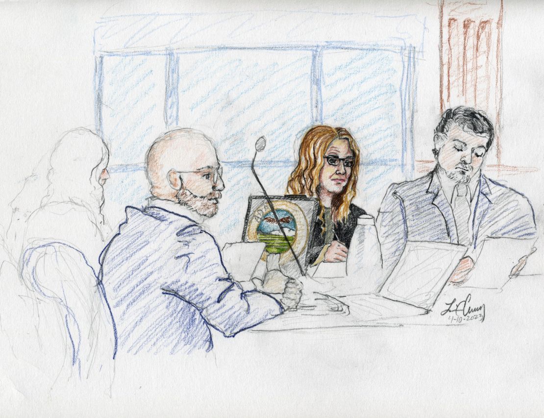 This courtroom sketch, from left, depicts Madison County prosecutor Rob Wood, Lori Vallow Daybell and defense attorney Jim Archibald during opening statements of Vallow Daybell's murder trial in Boise, Idaho, Monday. 