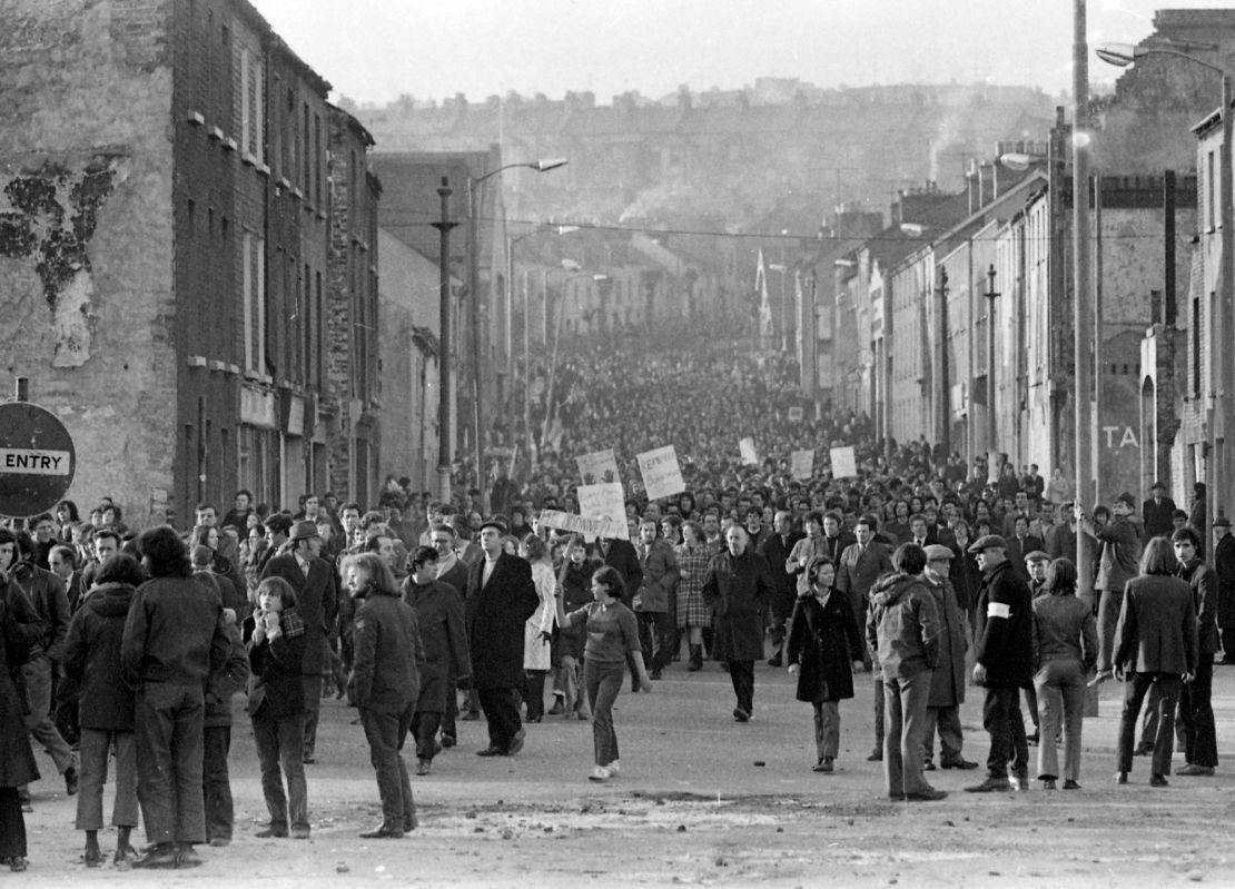 Protesters in the streets of Derry on Bloody Sunday in 1972 when the British Army shot dead 13 civilians.
