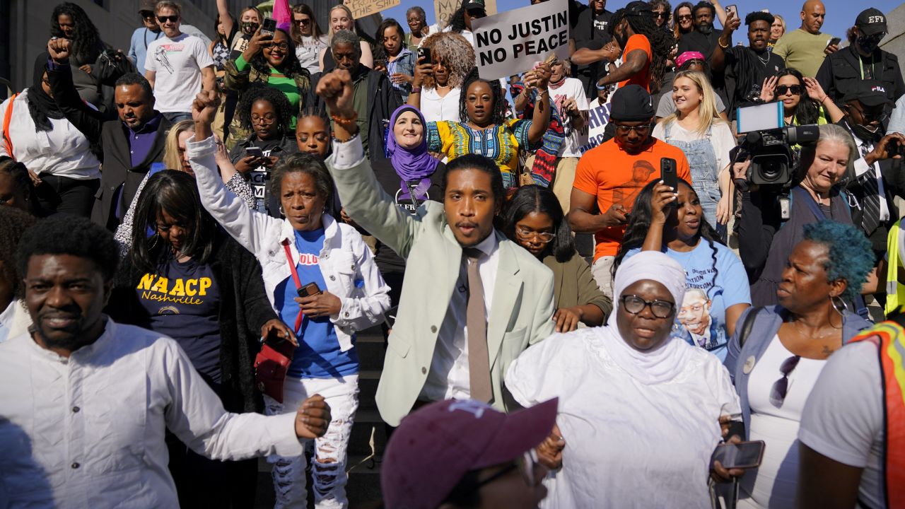 Representative Justin Jones leaves the Historic Metro Courthouse after being reinstated days after the Republican majority Tennessee House of Representatives voted to expel two Democratic members, representatives Justin Pearson and Justin Jones, for their roles in a gun control demonstration on the statehouse floor, outside the Historic Metro Courthouse in Nashville, Tennessee, U.S., April 10, 2023.  REUTERS/Cheney Orr