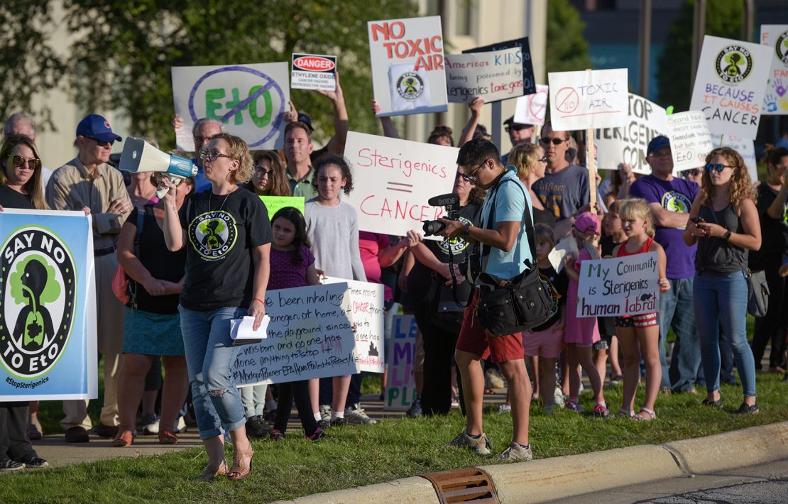 In this September 2018 photo, protesters chant in front of the Illinois headquarters of Sterigenics, a facility that sterilized medical equipment using the chemical ethylene oxide.