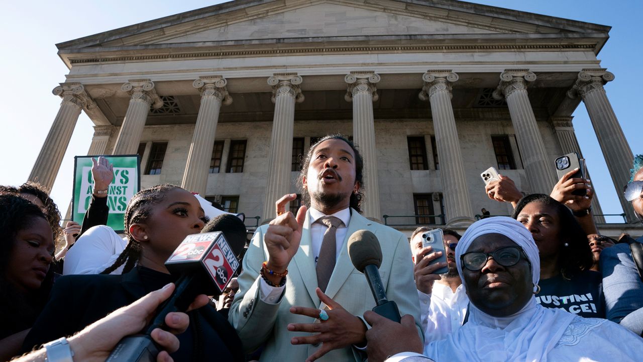 State Rep. Justin Jones delivers remarks outside the state Capitol, in Nashville on Monday.