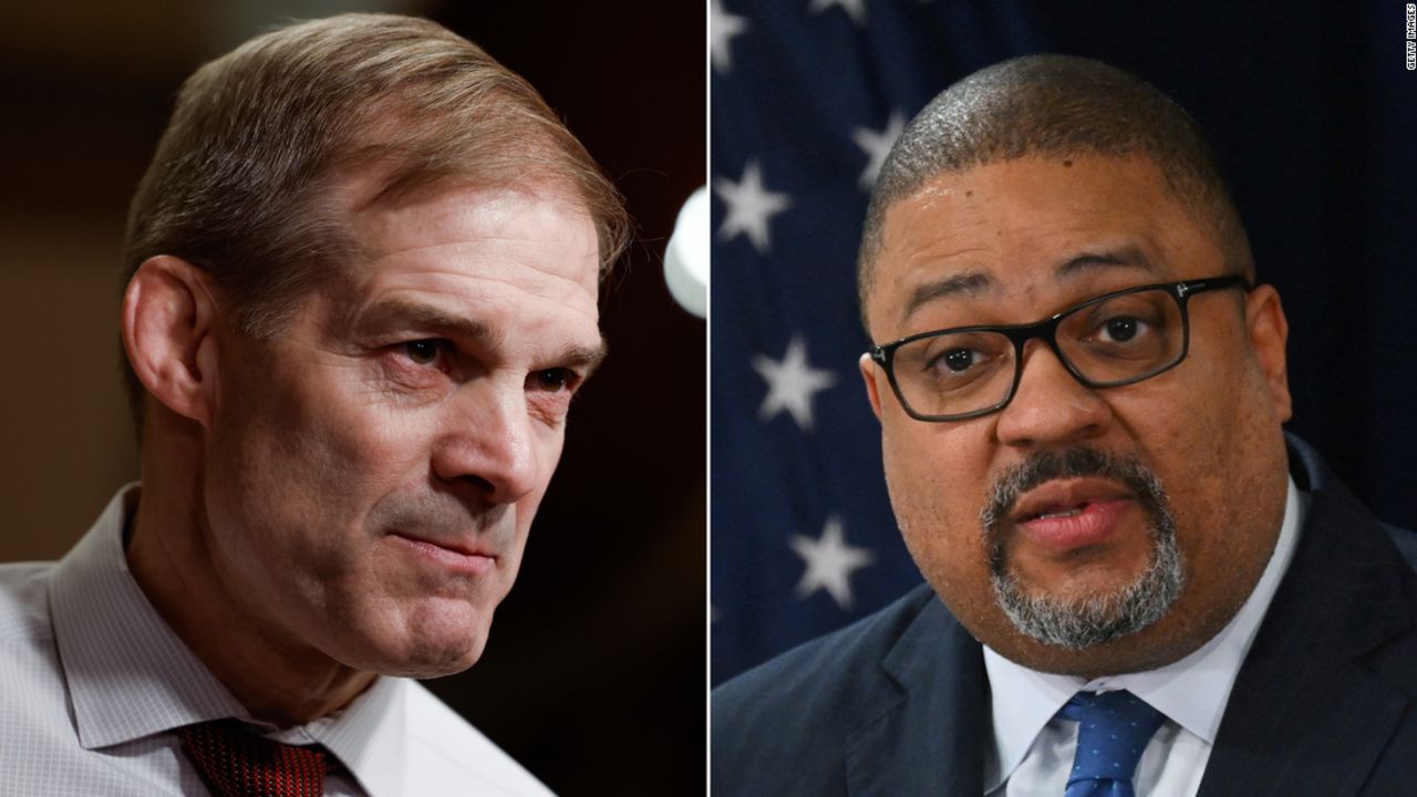 At left, Rep. Jim Jordan speaks during an on-camera interview near the House Chambers during a series of votes in the Capitol Building on January 9 in Washington, DC. At right, Manhattan District Attorney Alvin Bragg speaks during a press conference on April 4, 2023 in New York City.
