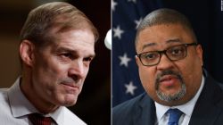 At left, Rep. Jim Jordan speaks during an on-camera interview near the House Chambers during a series of votes in the Capitol Building on January 9 in Washington, DC. At right, Manhattan District Attorney Alvin Bragg speaks during a press conference on April 4, 2023 in New York City.