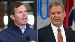 At left, Kentucky Gov. Andy Beshear speaks during a press conference after five were shot and six injured at a bank in downtown Louisville on Monday, April 10. At right, Tennessee Gov. Bill Lee responds to questions during a news conference on Tuesday, April 11, in Nashville.