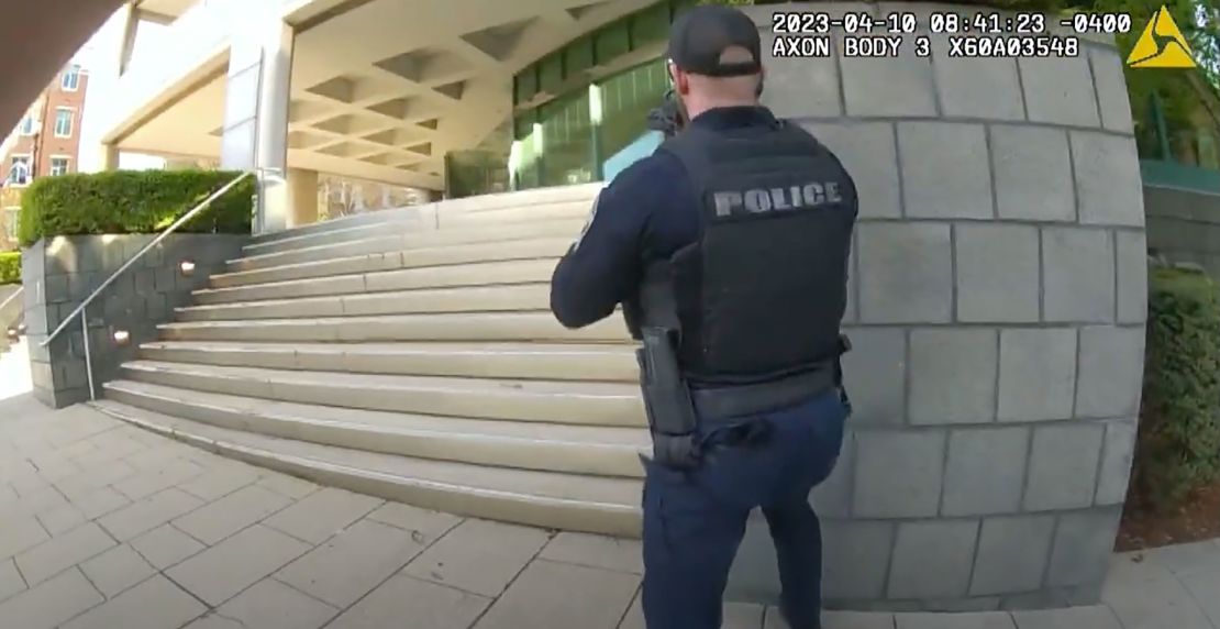 Officer Nickolas Wilt's bodycam shows him and Officer CJ Galloway approaching the bank in downtown Louisville as the gunman fired from the lobby. 