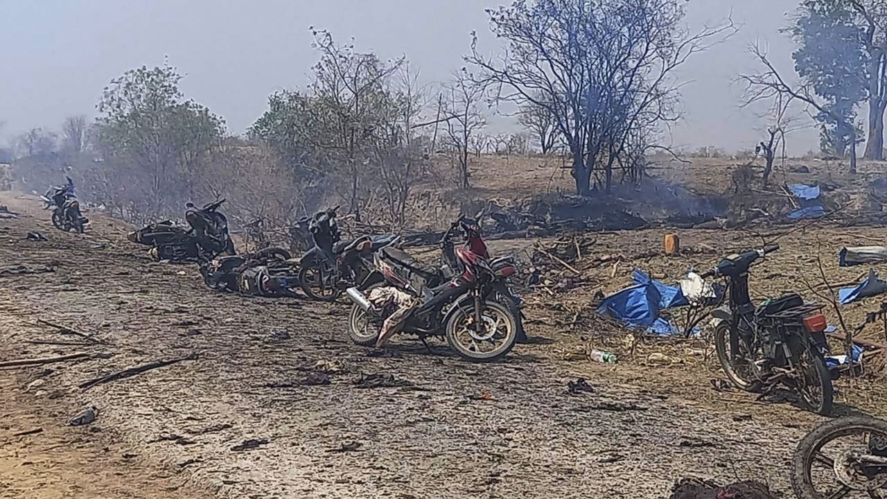 This photo provided by the Kyunhla Activists Group shows the aftermath of an airstrike in Pazigyi village in Sagaing region's Kanbalu township, Myanmar, on April 11.