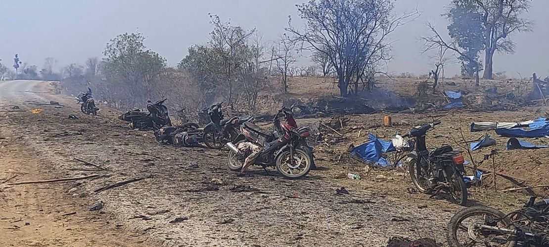 This photo provided by the Kyunhla Activists Group shows the aftermath of an airstrike in Pazigyi village in Sagaing region's Kanbalu township, Myanmar, on April 11.