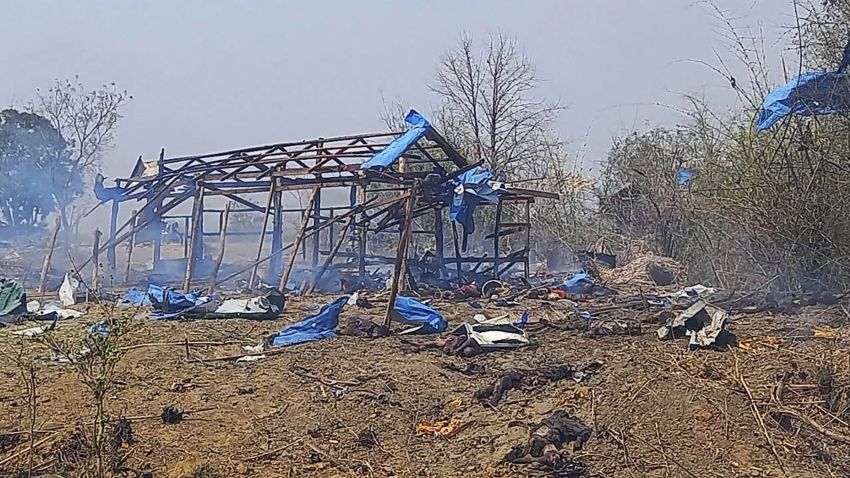 This photo provided by the Kyunhla Activists Group shows aftermath of an airstrike in Pazigyi village in Sagaing Region's Kanbalu Township, Myanmar, Tuesday, April 11, 2023. Witnesses and independent media reports said dozens of villagers in central Myanmar have been killed in an air attack carried out Tuesday by the Southeast Asian country's military government.