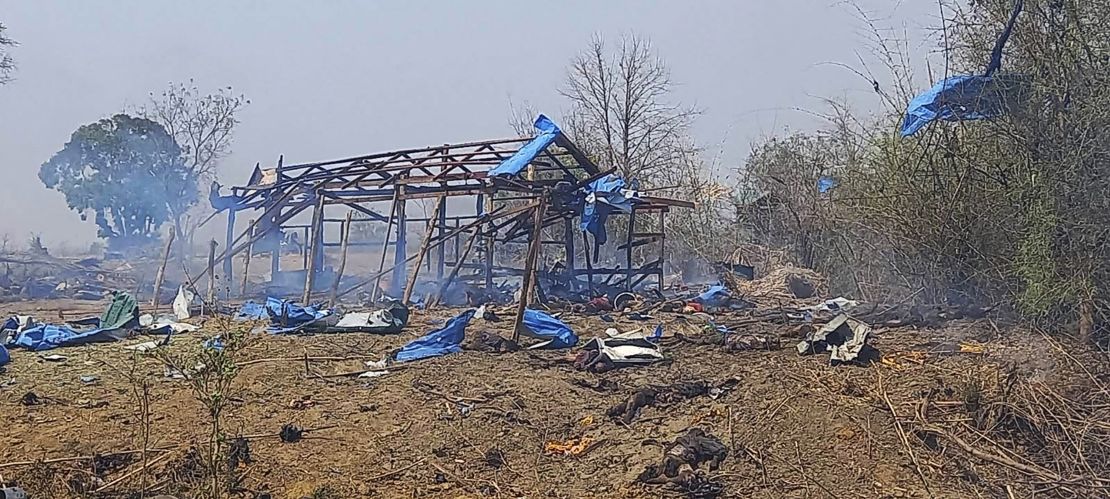 This photo provided by the Kyunhla Activists Group shows the aftermath of an airstrike in Pazigyi village in Sagaing Region's Kanbalu Township, Myanmar, on April 11.