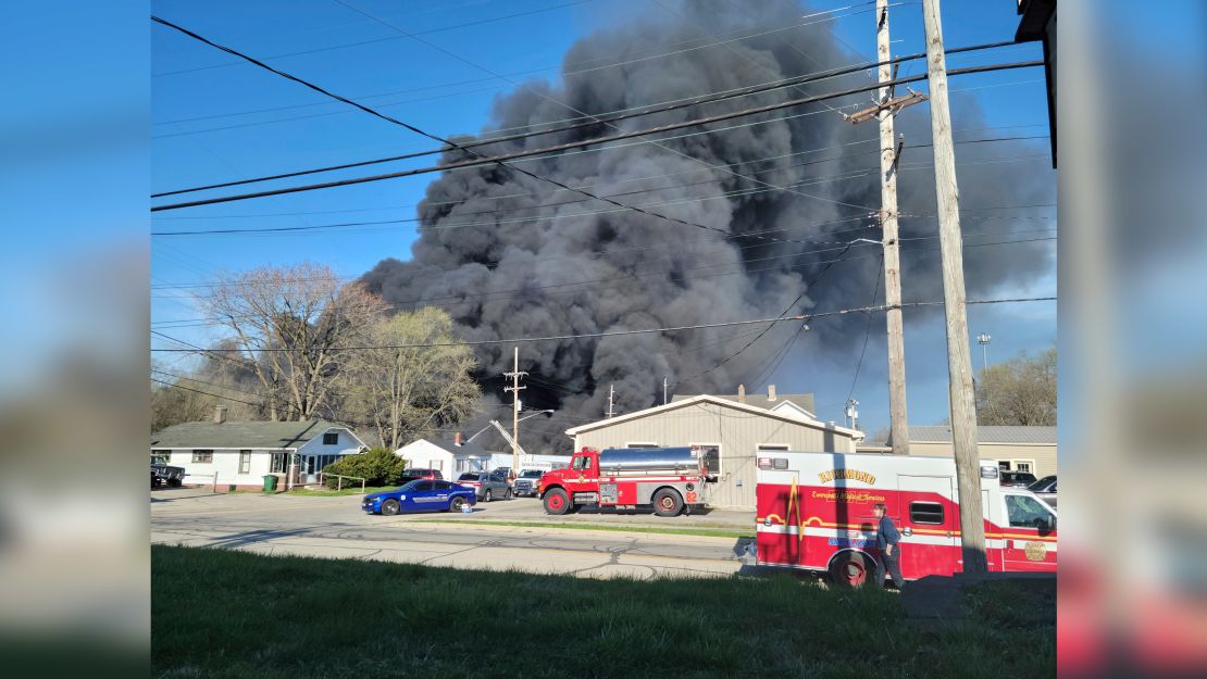 Smoke billows Tuesday from a fire at a recycling facility in Richmond, Indiana.