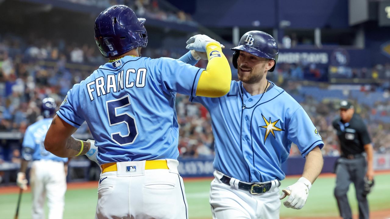 Brandon Lowe celebrates his home run against the Boston Red Sox with Wander Franco during the eighth inning of their game on April 10.