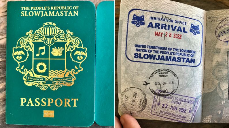 <strong>Papers, please: </strong>Slowjamastan issues its own passports to people who have signed up to become citizens. Williams says he's had his Slowjamastan passport stamped by 16 different countries on his recent travels, including South Africa, New Zealand, Vanuatu and the United States.