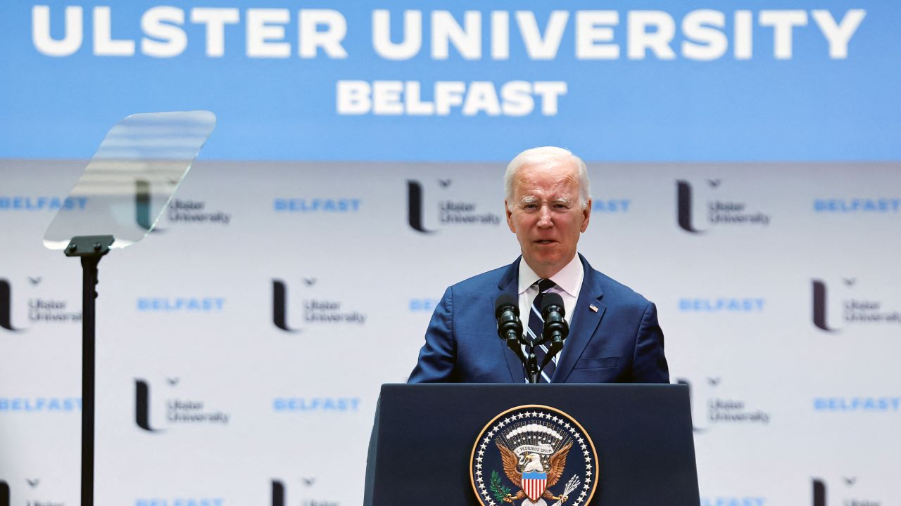 US President Joe Biden delivers remarks marking the 25th anniversary of the Good Friday Agreement at Ulster University in Belfast, Northern Ireland, on April 12. 