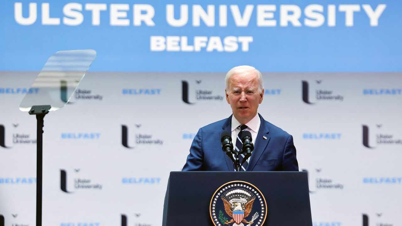 US President Joe Biden delivers remarks marking the 25th anniversary of the Good Friday Agreement at Ulster University in Belfast, Northern Ireland, on April 12.