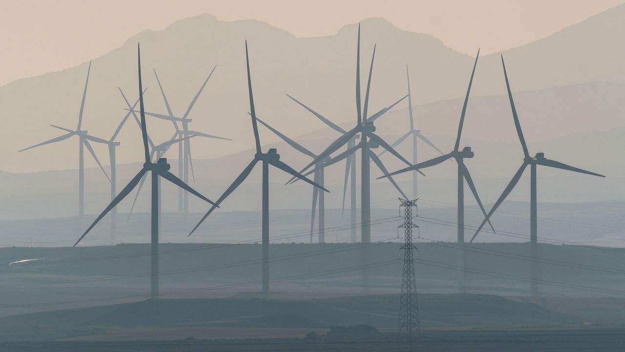 Wind turbines in a wind farm in Fuendejalon, Zaragoza province, northern Spain.