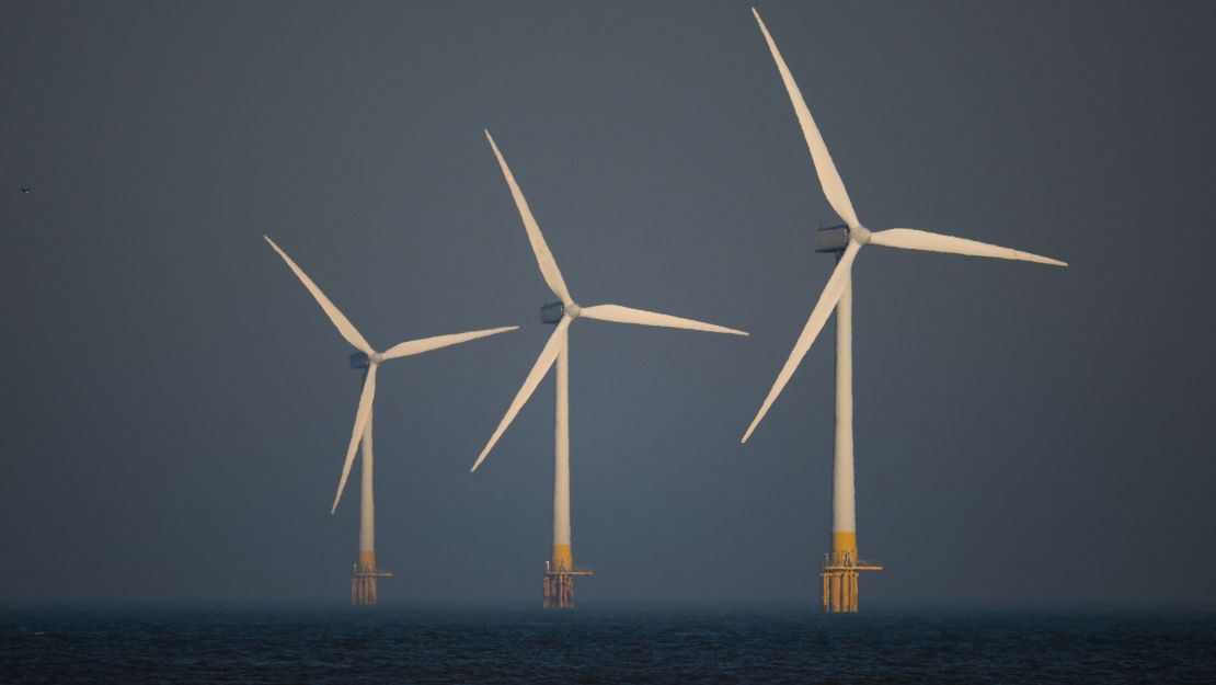 Wind turbines are pictured at RWE's Scroby Sands Wind Farm, off the coast of Great Yarmouth, eastern England.