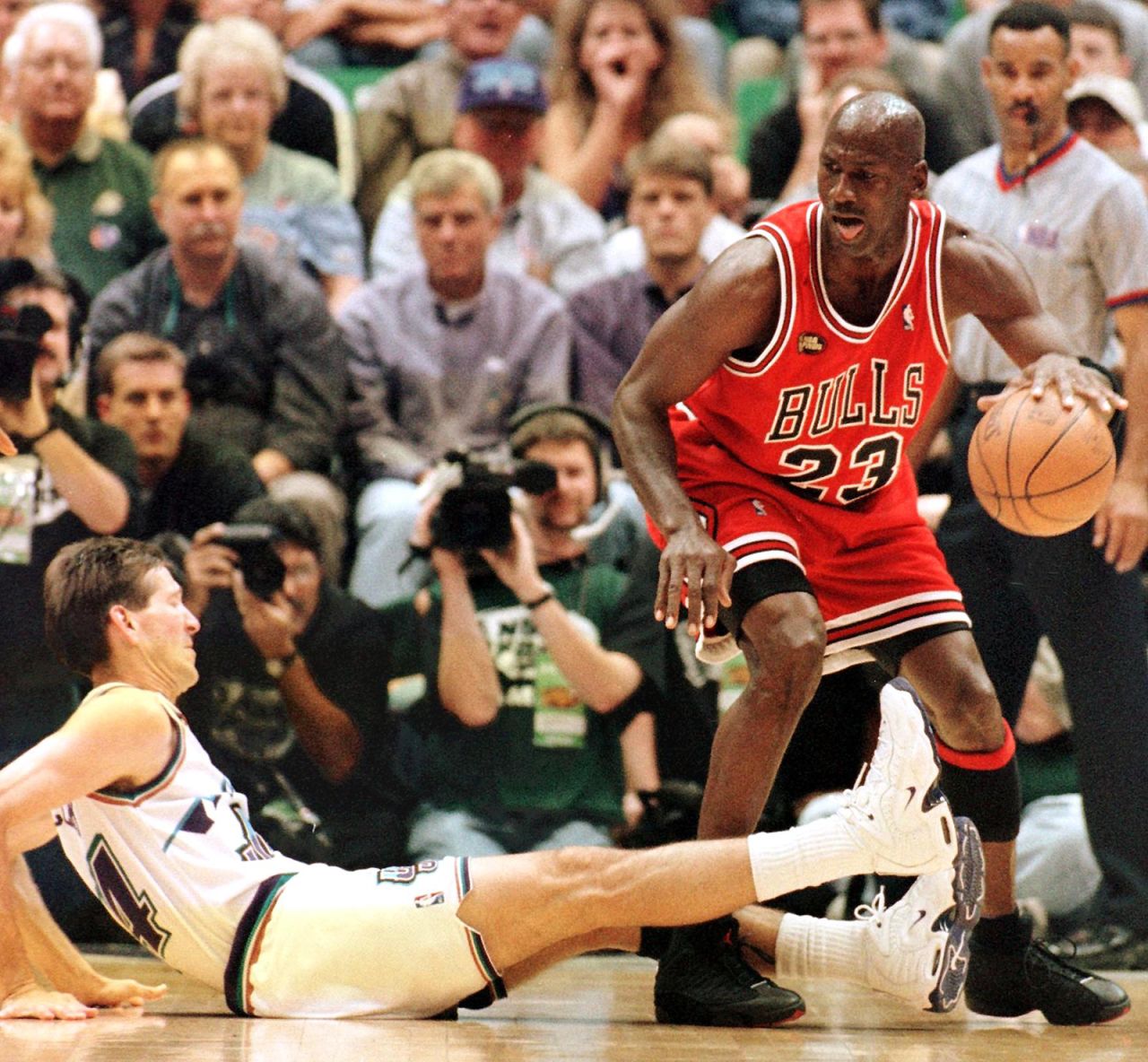 Michael Jordan is pictured wearing the most successful sneakers during the NBA Finals at the Delta Center in Salt Lake City, Utah, on June 05, 1998.