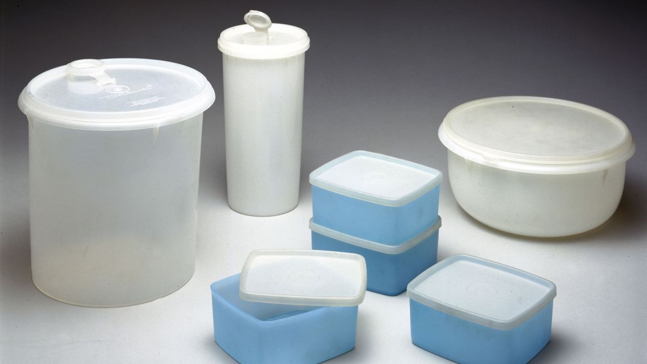 These tupperware containers, manufactured in the 1980s, represent designs from the 1960s. 