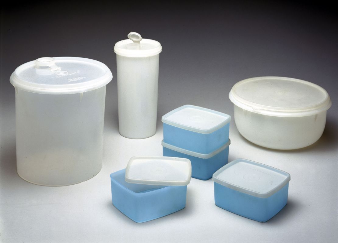 These tupperware containers, manufactured in the 1980s, represent designs from the 1960s. 