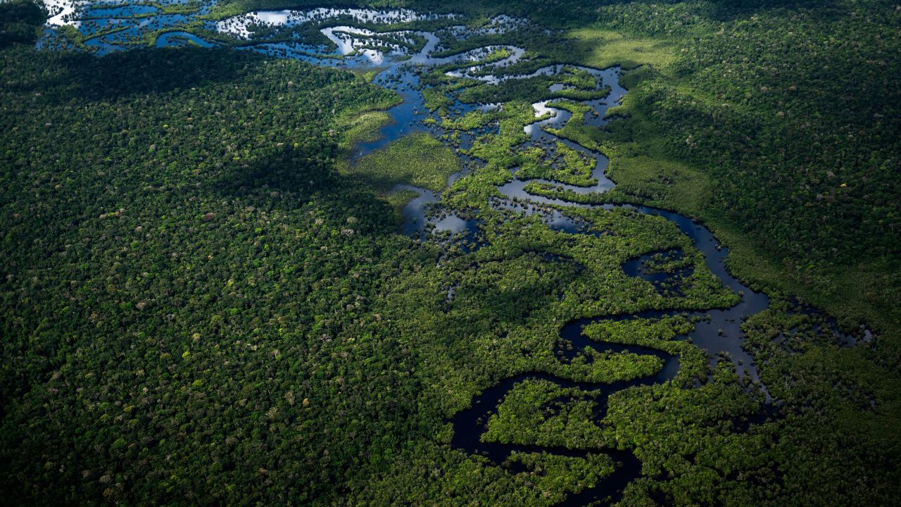 Vista aérea de la selva amazónica tomada desde un avión que volaba desde la ciudad de Manicore a Manaus, estado de Amazonas, Brasil, el 10 de junio de 2022.