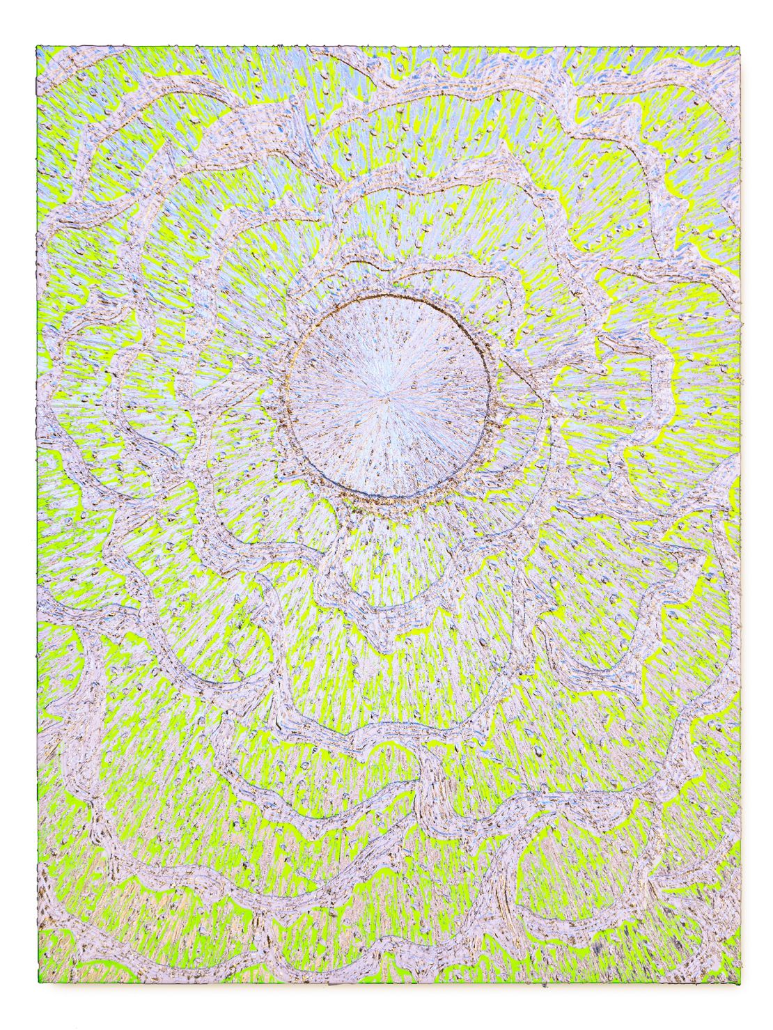 Klein's 2022 work "WEB (Like a Sunflower)" was made using bismuth, plaster and mixed media on woven glass.