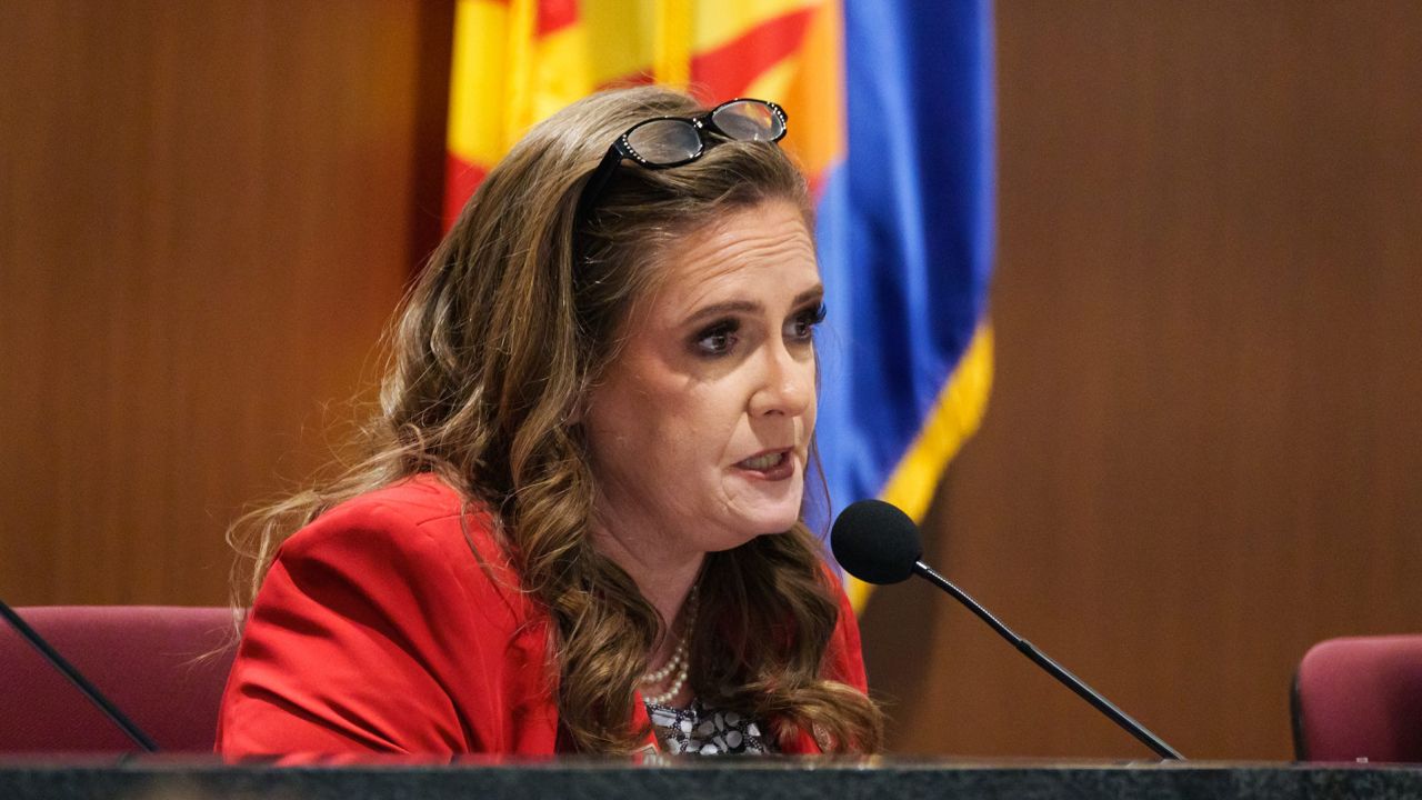 Rep. Liz Harris attends a joint house and senate election committee hearing at the state Capitol on February 23 in Phoenix.