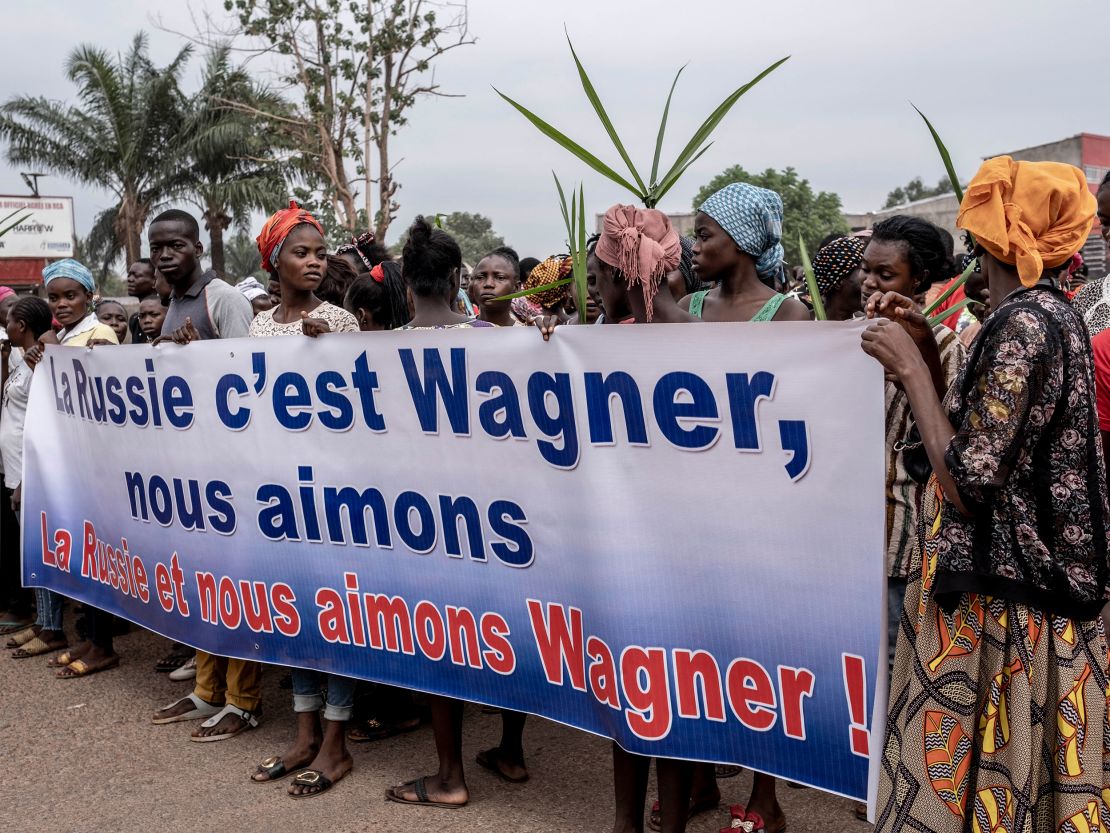 Demonstrators march in support of Wagner in Bangui, Central African Republic, on March 22, 2023.