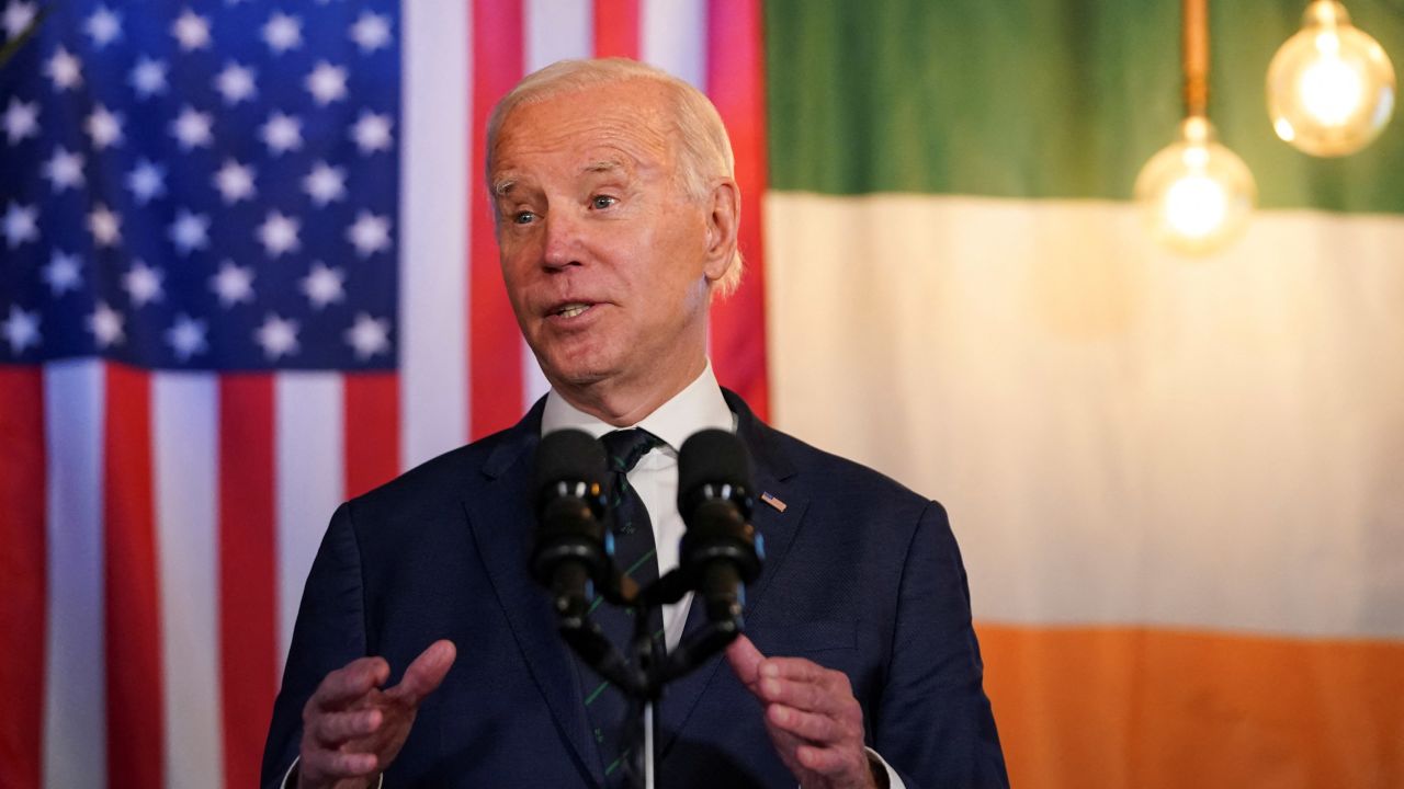U.S. President Joe Biden speaks in a pub in Dundalk, Ireland, April 12, 2023. REUTERS/Kevin Lamarque