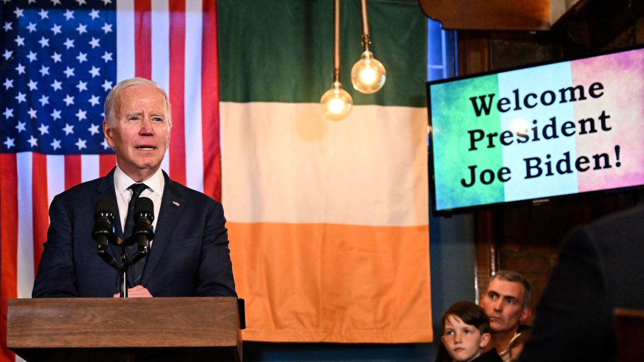 US President Joe Biden delivers a speech at the Windsor Bar in Dundalk, on April 12, 2023, as part of a four days trip to Northern Ireland and Ireland for the 25th anniversary commemorations of the "Good Friday Agreement". (Photo by Jim WATSON / AFP) (Photo by JIM WATSON/AFP via Getty Images)