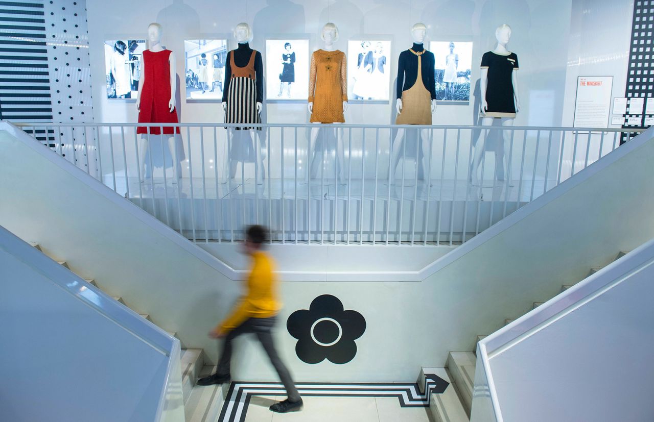 A gallery display of the Victoria & Albert Museum's exhibition showing pieces by Mary Quant.