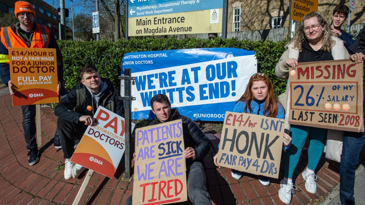 Junior doctors on the picket line at the Whittington Hospital in London, United Kingdom, on April 13, 2023