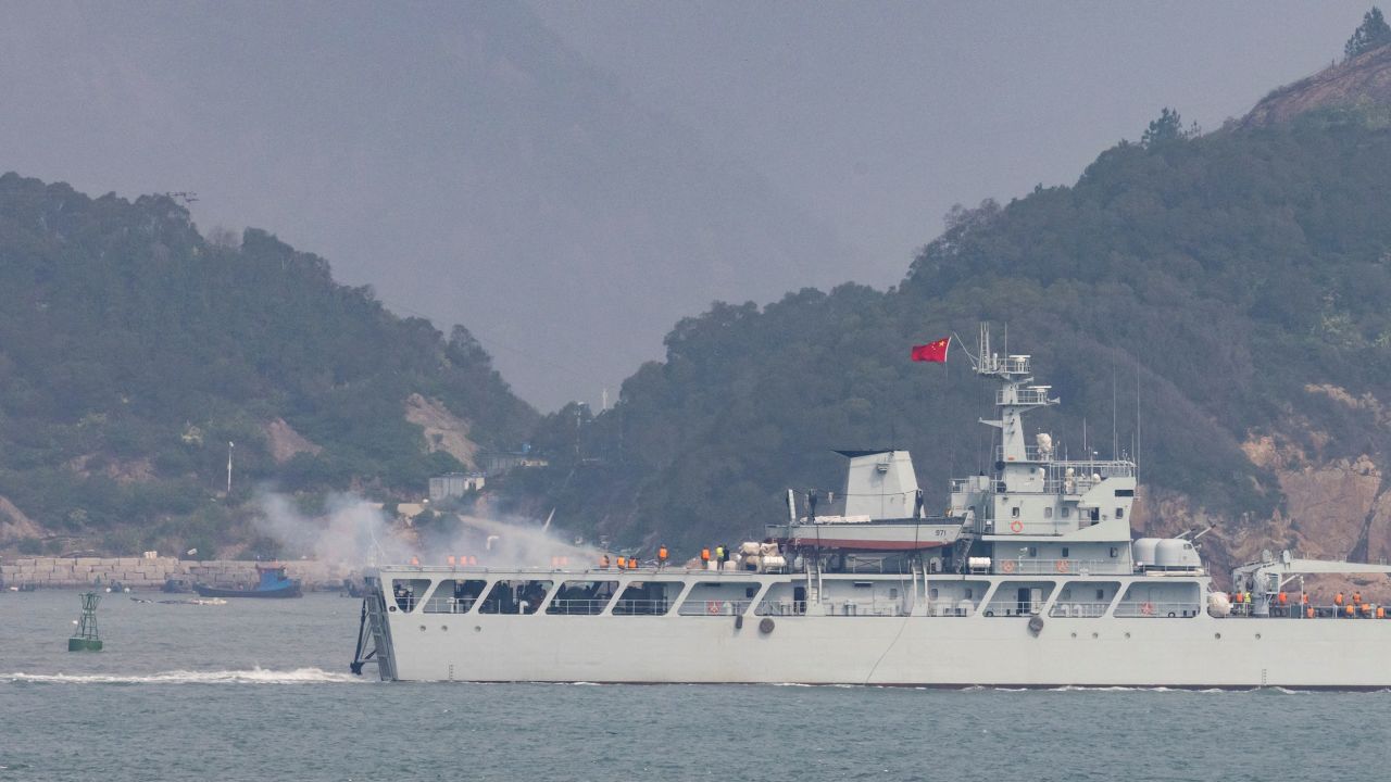 A Chinese warship fires towards the shore during a military drill near Fuzhou near the Taiwan controlled Matsu Islands that are close to the Chinese coast, China, April 8, 2023.  