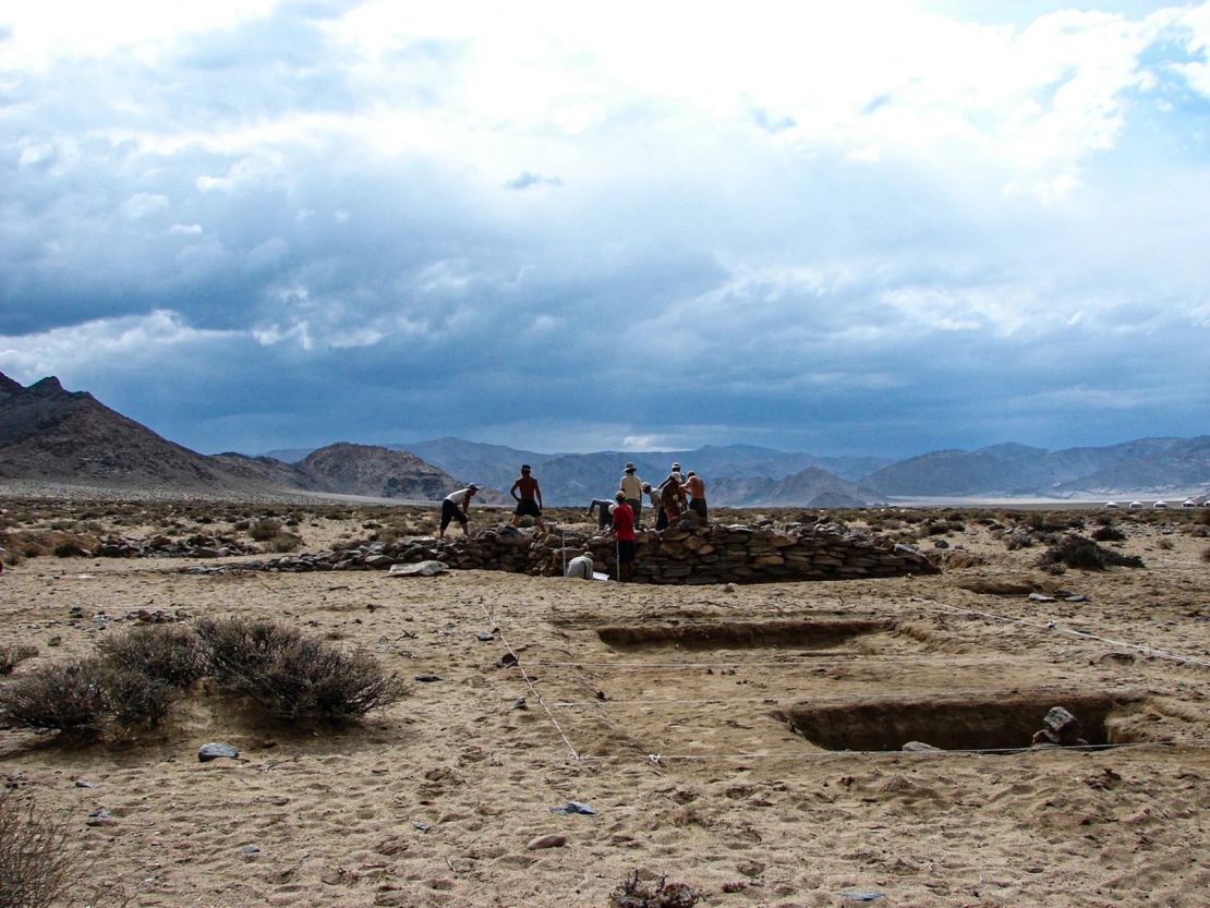 Excavation of the Xiongnu Elite Tomb 64 contains a high-status aristocratic woman at the site of a cemetery at Takhiltyn Khotgor in  Mongolia's Altai Mountains.