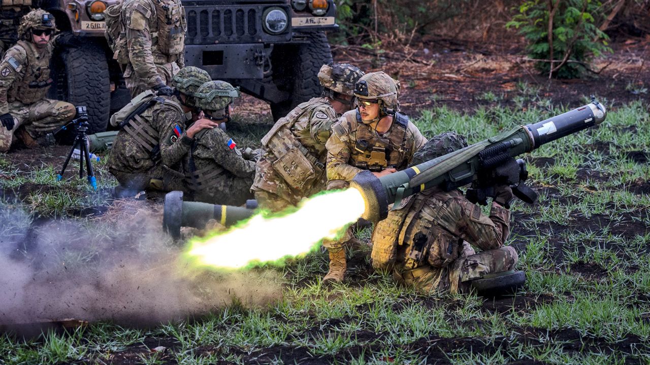 A Javelin anti-tank weapon is fired during a joint military exercise between US and Philippine troops in Fort Magsaysay on April 13, 2023.