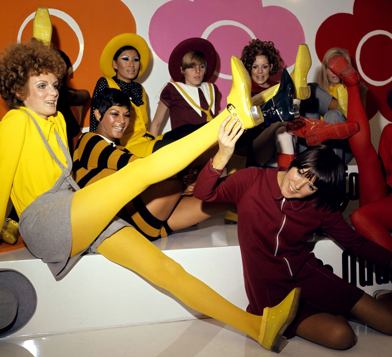 Whimsical colorful tights were populairzed by the late British designer Mary Quant.
