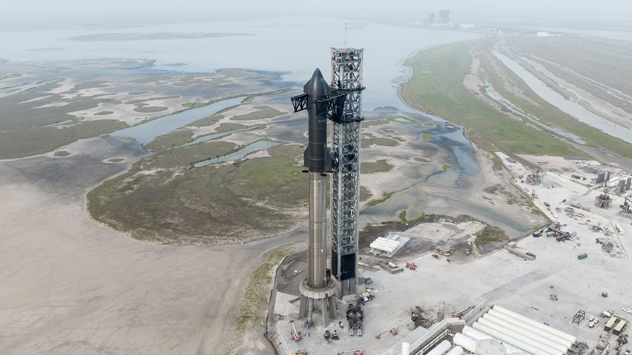 The Starship spacecraft is stacked atop the Super Heavy rocket booster at the SpaceX  launch site in Texas.