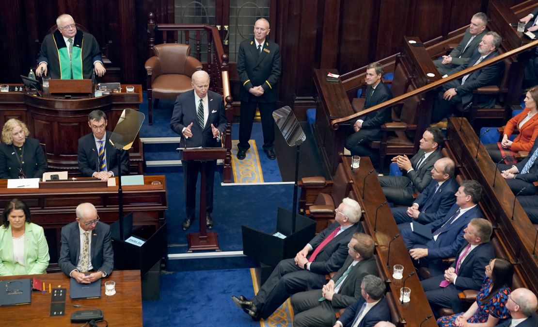 President Joe Biden addresses the Irish Parliament at Leinster House, in Dublin, Ireland, April 13, 2023.