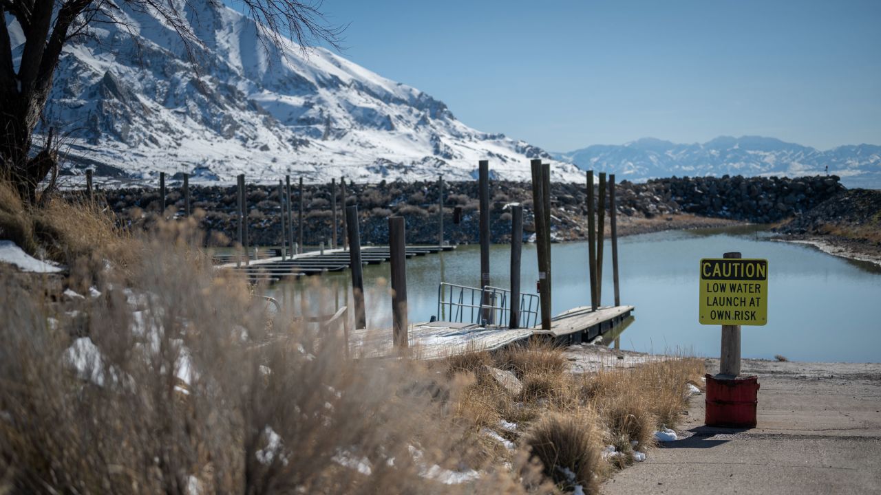 A sign warns boaters of low lake levels at a Great Salt Lake marina in Magna, Utah, on April 6.