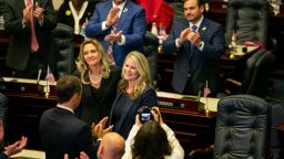 State Reps. Jennifer Canady, left, and Jenna Persons-Mulicka embrace after the Republican-dominated Legislature on approved a ban on abortions after six weeks of pregnancy, Thursday, April 13, 2023, in Tallahassee, Fla. (Alicia Devine/Tallahassee Democrat via AP)