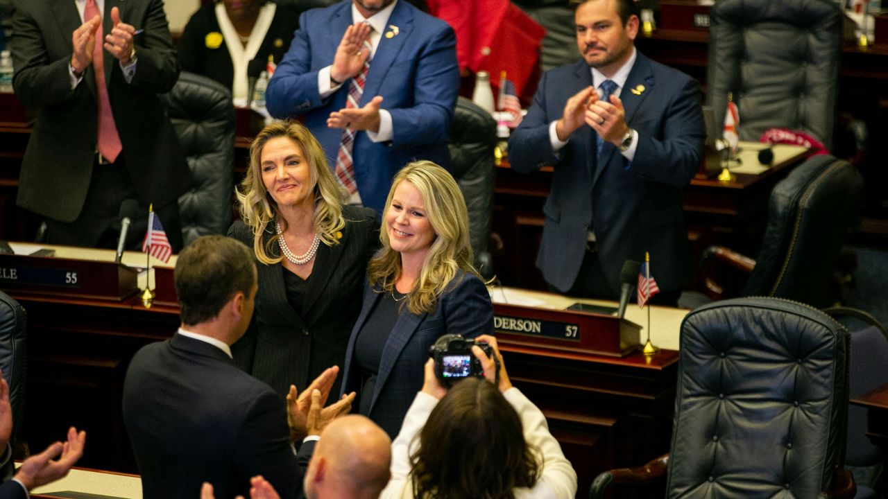 Florida Reps. Jennifer Canady, left, and Jenna Persons-Mulicka embrace after the Republican-dominated state Legislature approved a ban on abortions after six weeks of pregnancy, April 13, 2023, in Tallahassee.