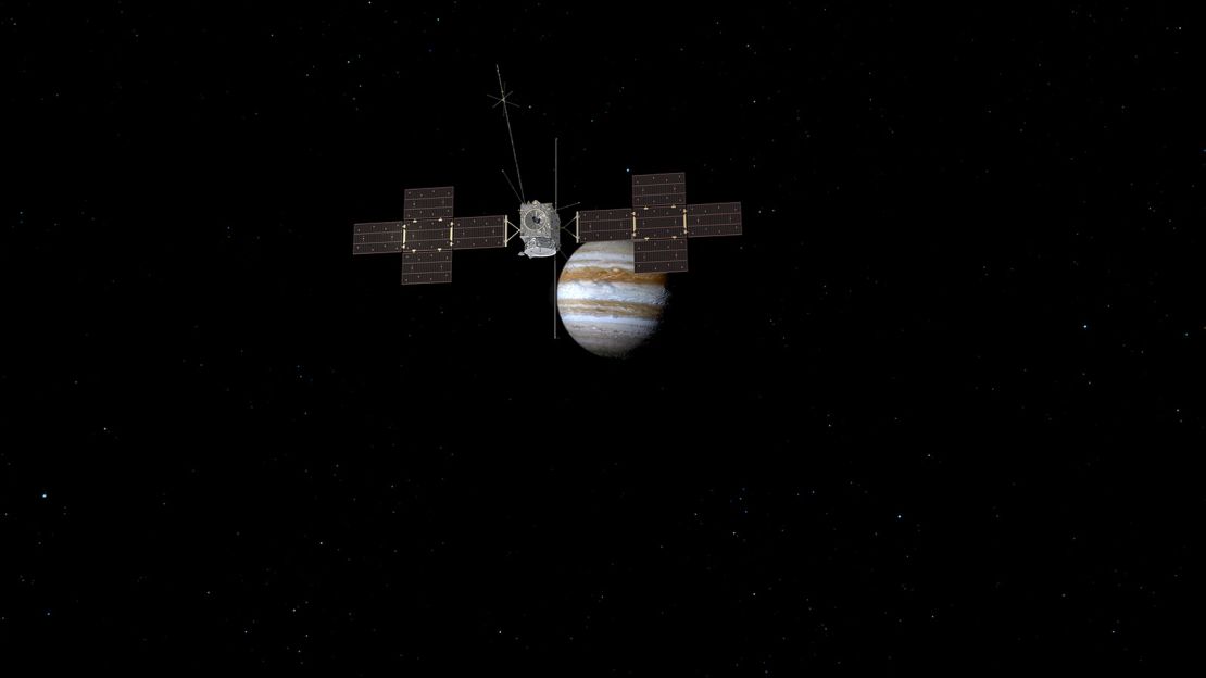 An illustration depicts Juice on its way to Jupiter.