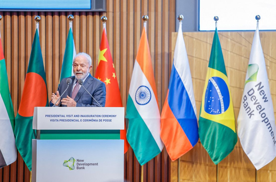 Brazil's President Luiz Inacio Lula da Silva gestures at the inauguration of the President of the New Development Bank, Dilma Rousseff in Shanghai, China, April 13, 2023.