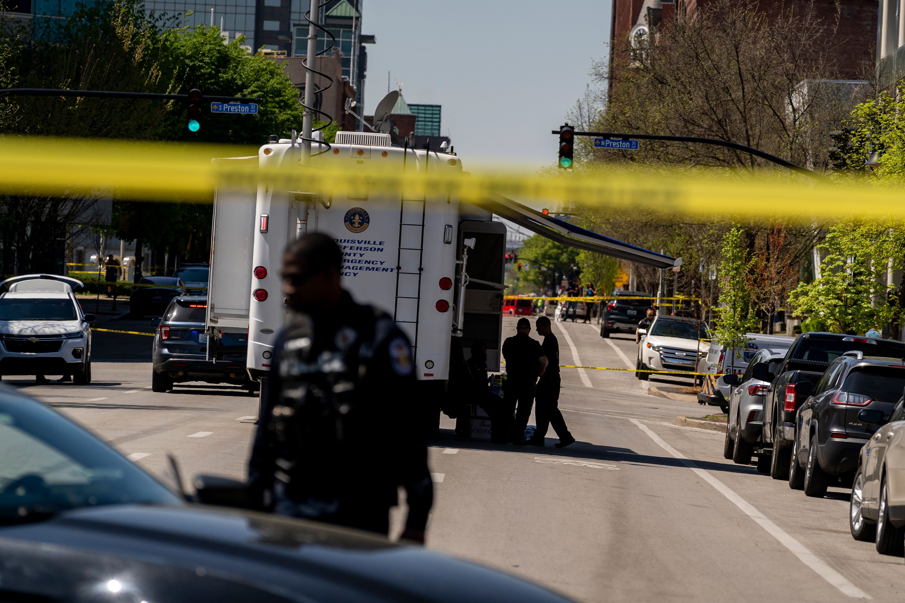 Police tape surrounds the Old National Bank in Louisville, Kentucky, after a gunman opened fire there on Monday, April 10. Five people were killed and eight were injured. The gunman was fatally shot by police.