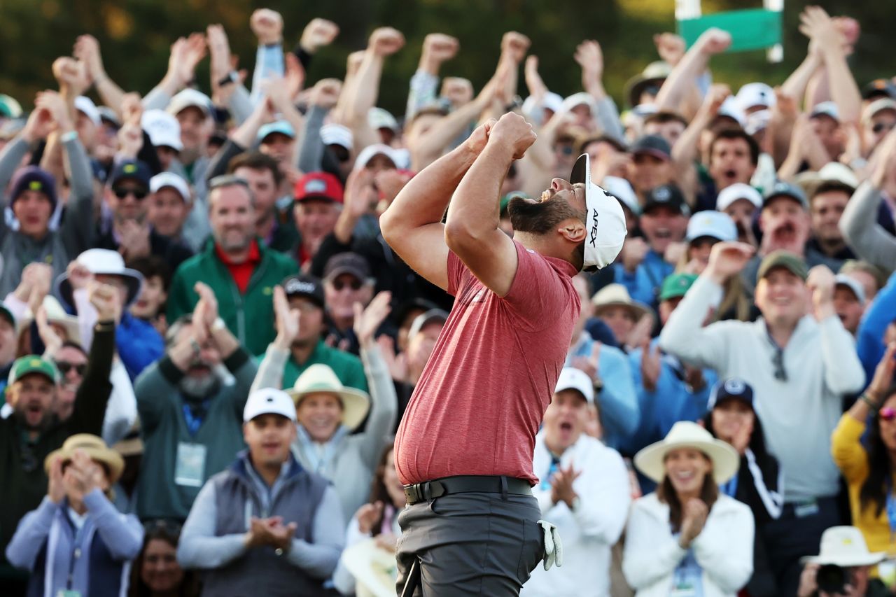 Jon Rahm celebrates on the 18th green after <a href="http://www.cnn.com/2023/04/06/golf/gallery/masters-golf-2023/index.html" target="_blank">winning the Masters golf tournament</a> on Sunday, April 9. It is Rahm's second major win. He also won the US Open in 2021.