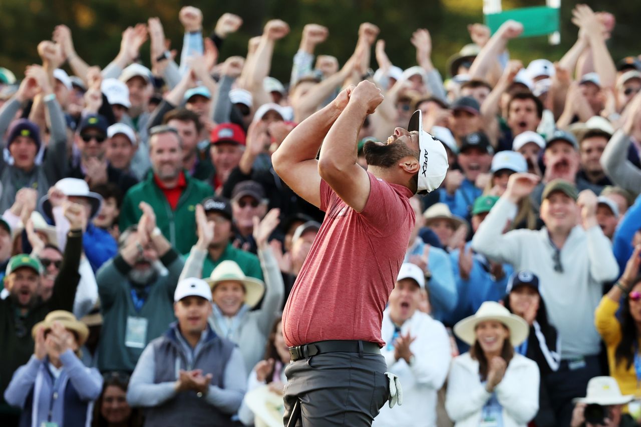 Jon Rahm celebrates on the 18th green after winning the Masters golf tournament on Sunday, April 9. It is Rahm's second major win. He also won the US Open in 2021.