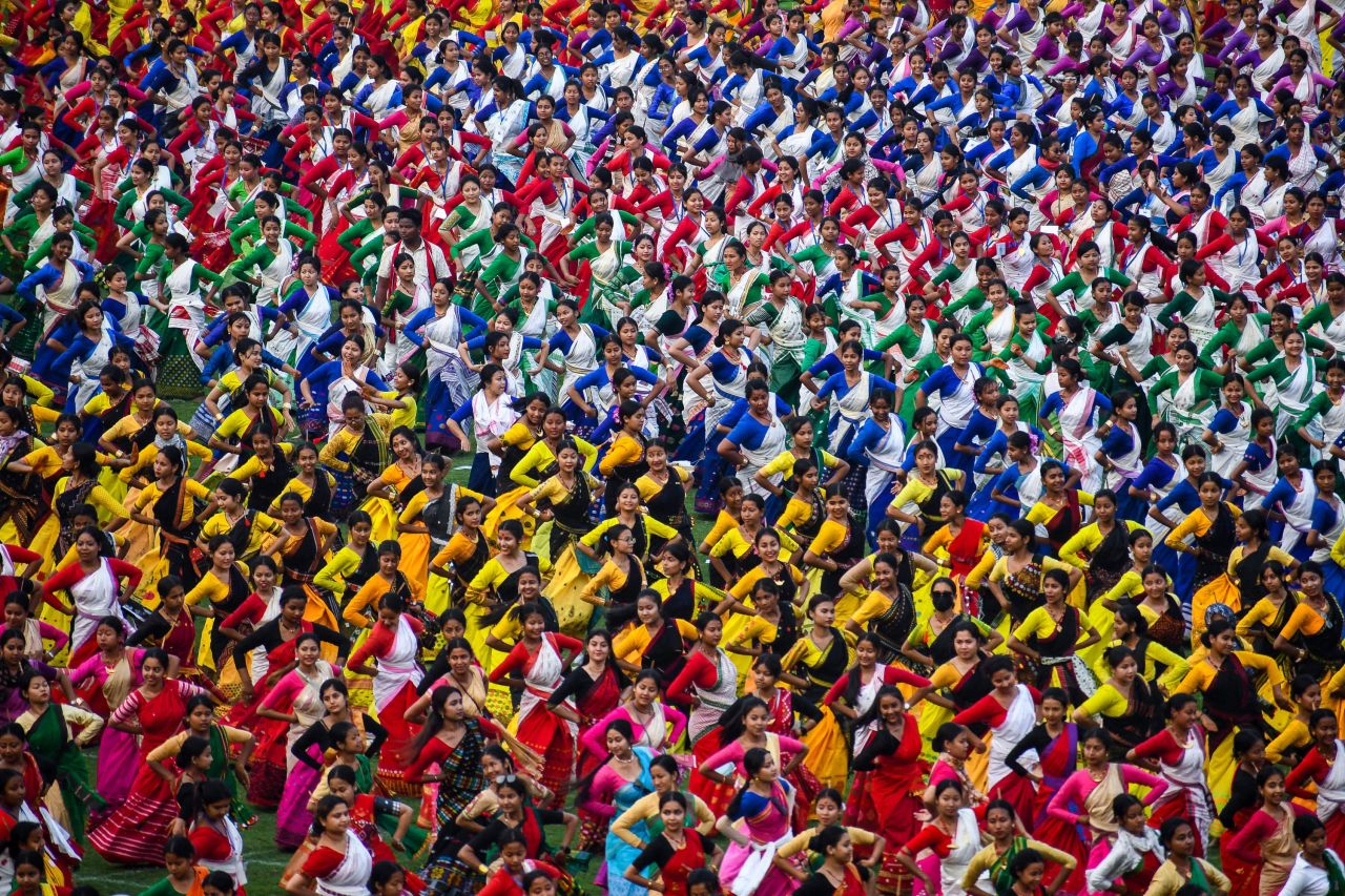 Bihu dancers take part in rehearsals in Guwahati, India, on Tuesday, April 11. On Thursday, more than 11,000 dancers took part in a performance that set a record for the largest recital of the traditional dance.