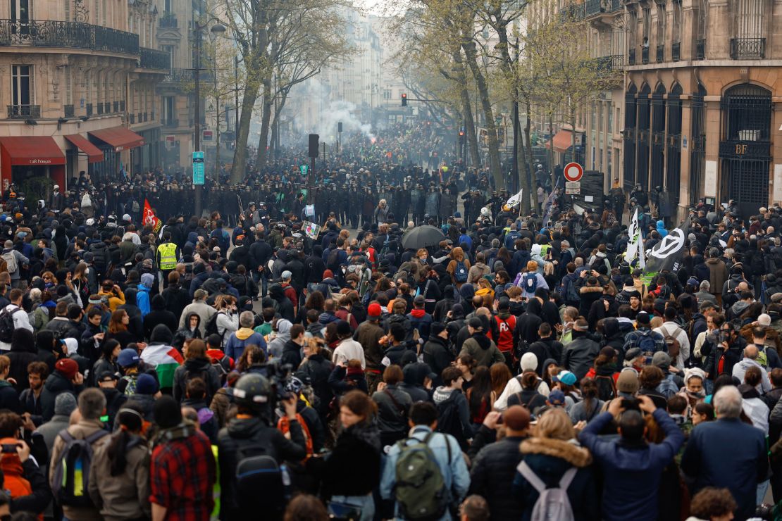 People demonstrate on the streets for the 12th day of nationwide strikes amid protests against pension reform on April 13, 2023 in Paris, France. 
